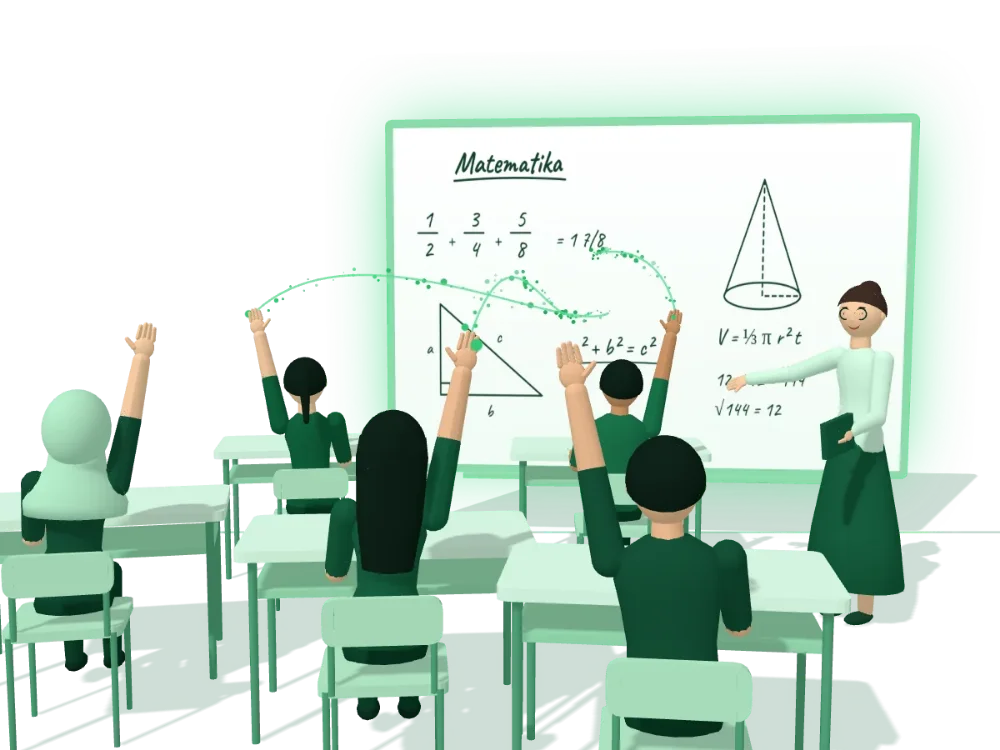 Ilustrasi 3D ruang kelas dengan guru di depan papan tulis dan murid yang mengangkat tangan