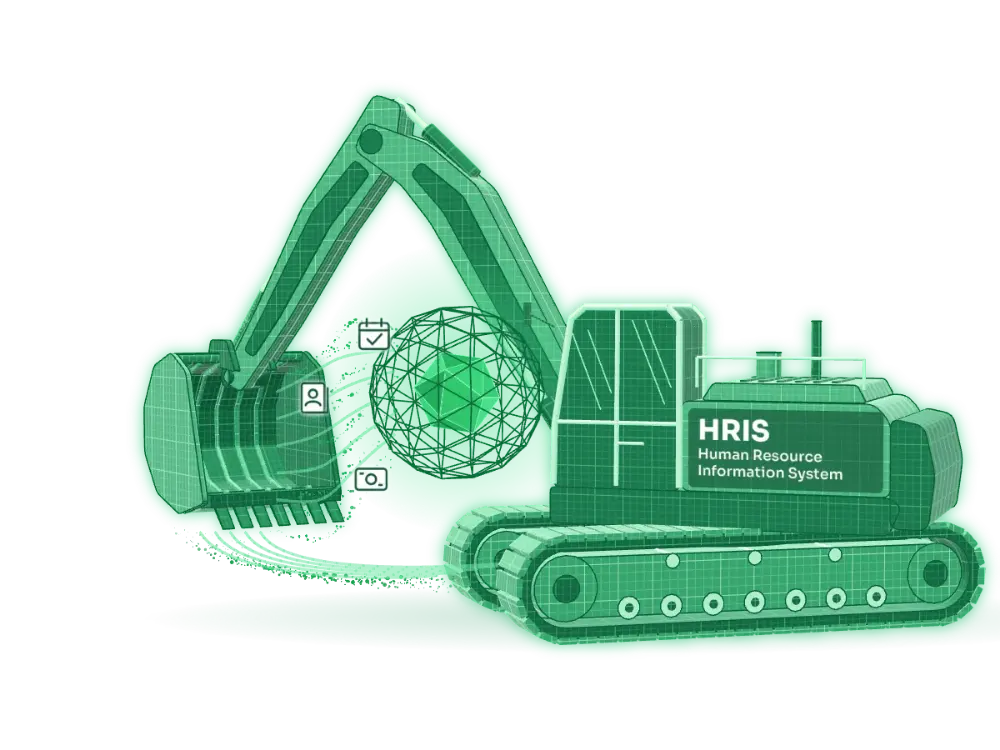 Ilustrasi 3D excavator hijau bertuliskan HRIS Human Resource Information System