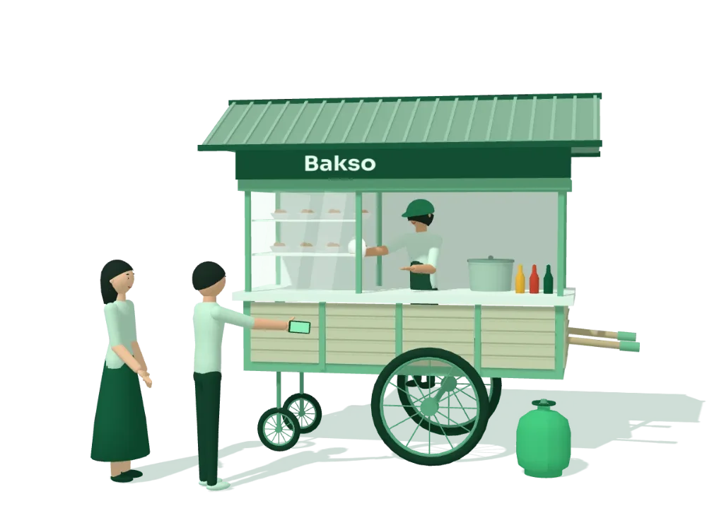 Ilustrasi 3D pasangan membayar pedagang bakso gerobak lewat ponsel